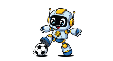 Robot soccer player kicking the ball with focused determination and skill.