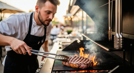 Fototapeta premium Chef Grilling a Juicy Steak Over Open Flames Outdoor Dining