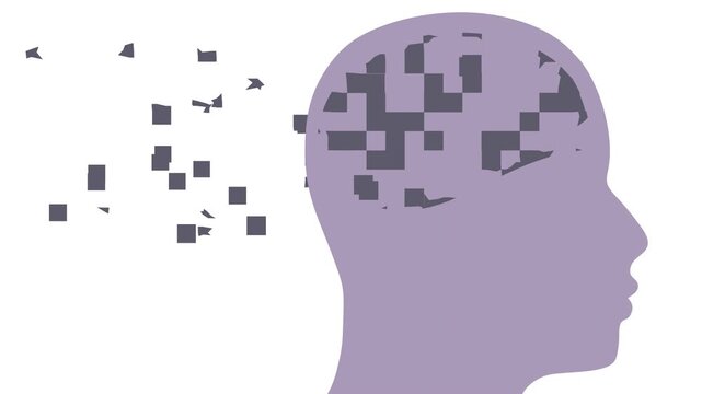 Dementia, memory loss, amnesia concept. Brain damage, cognitive disfunction. Alzheimer's disease. Animation of a human head profile with brain broken into pieces. Mental, psychological illness