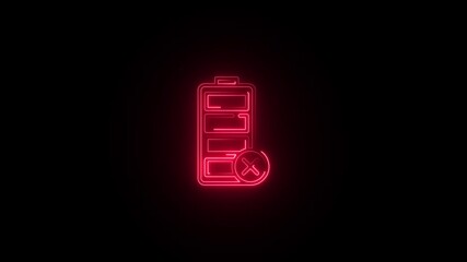 Red neon battery empty symbol with cross mark on black background image photo