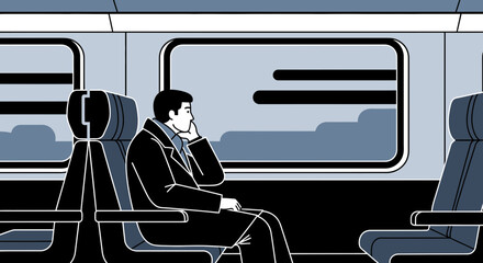 Illustration depicting a man traveling by train lost in thought looking out the window