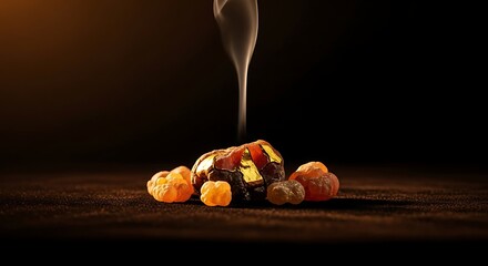 Burning Frankincense Resin with Smoke on Dark Background, Aromatherapy and Incense Ritual