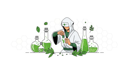 Herbalist preparing a natural remedy with laboratory equipment in a minimal art style design