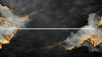 A dark, textured background with abstract golden formations and wisps of smoke, bisected by a sharp white horizontal line, creating a dramatic and modern aesthe