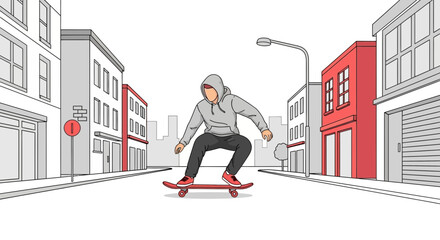 Hooded skateboarder riding down a city street with minimalist building illustration