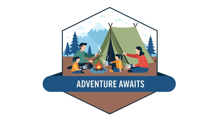 Happy family camping adventure illustration with mountains and a tent scene perfect for outdoor