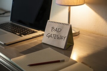 A message stating bad gateway near a laptop and lamp on desk