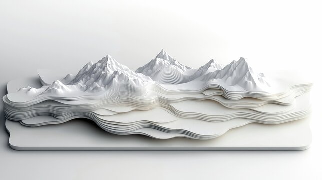 A minimalist, abstract 3D model of a mountain range with layered topographic contours, presented in a clean, white studio environment with soft lighting.