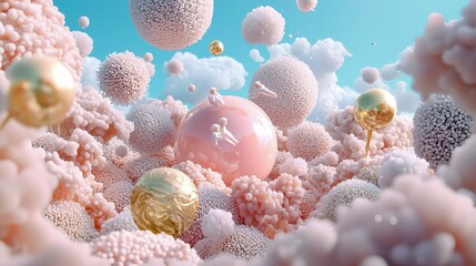 Surreal landscape with various textured spheres, some golden and reflective, others soft and pink. Small white figures are perched on a large pink sphere. The b