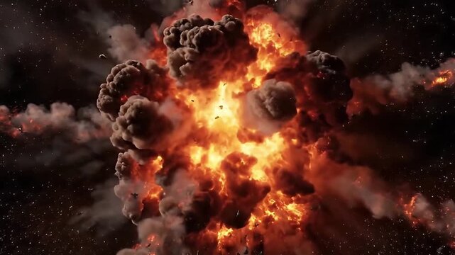 A stunning visual of a massive, dynamic explosion erupting with intense fiery orange and red flames, billowing dark smoke, and countless glowing particles scattering across a deep, dark cosmic backgro