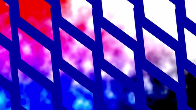 Modern abstract background with a bold blue geometric grid pattern, dynamically overlaid on a blurred, vibrant gradient of red, pink, purple, blue, white, and black hues