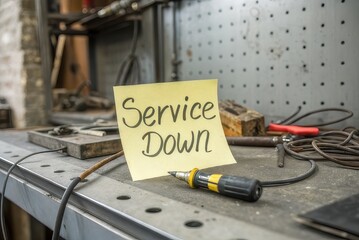 Sticky note indicating service down on a cluttered industrial bench