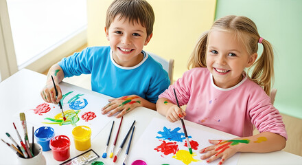 Fototapeta premium Two children joyfully painting with colorful paints at a table, showcasing creativity and friendship in a bright, cheerful environment with copy space for text