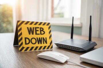 Warning placard on desk indicating the web is down with a router