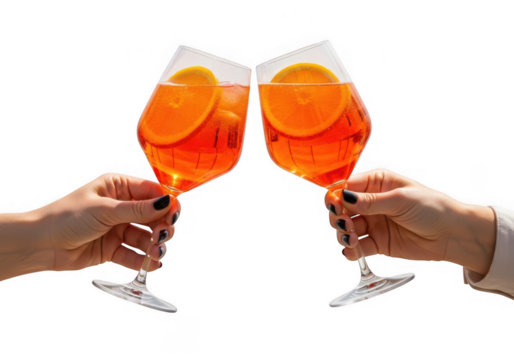 Cheers: two hands clinking stem glasses with vibrant orange aperitif cocktails and citrus slices.