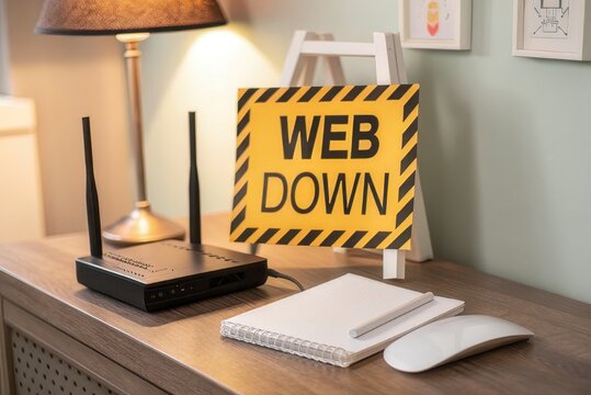 Warning Sign Indicating Web Down Placed Next to a Router