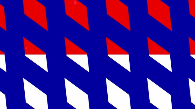 Dynamic abstract geometric pattern featuring repeating rhombuses and parallelograms in vibrant red, crisp white, and deep blue, creating a modern and visually engaging background texture