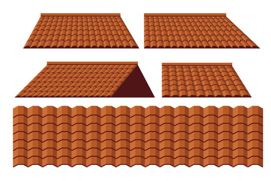 Vector illustration set of red roof tiles with different angles and perspectives. Perfect for construction design, architectural projects, game assets, and building elements.