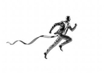 Businessman running fast breaking the finish line tape isolated on transparent background