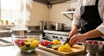 Chef Preparing Fresh Fruit Salad in Professional Kitchen