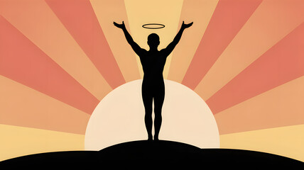 Silhouette with arms raised and halo in radiant light, embodying hope and triumph, perfect for conveying spiritual themes or personal achievement concepts