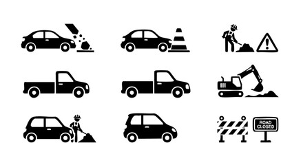 Set of black and white construction and traffic icons showing cars trucks excavator road closed sign and worker