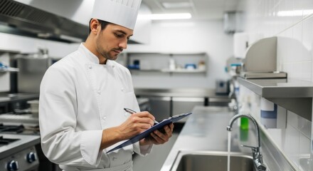 Professional Chef Inspecting Kitchen Equipment and Supplies