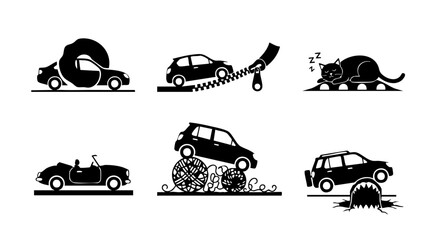 Collection of six black silhouette icons featuring cars and a cat in various scenarios automobile vehicle