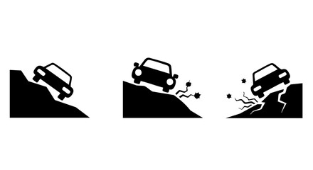 Black car falling off cliff edge and crumbling rock danger warning signs vector