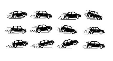 Twelve black car icons showing motion and speed with dust clouds automobile vehicle