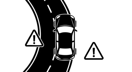 Black and white illustration of a car on a winding road with warning signs danger caution