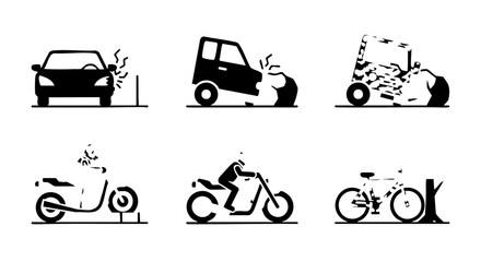 Six black and white icons depicting vehicle accidents and incidents car accident vehicle crash