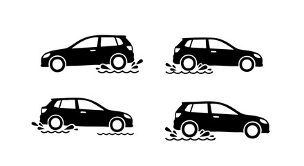 Four black car icons driving through water splashes vehicle