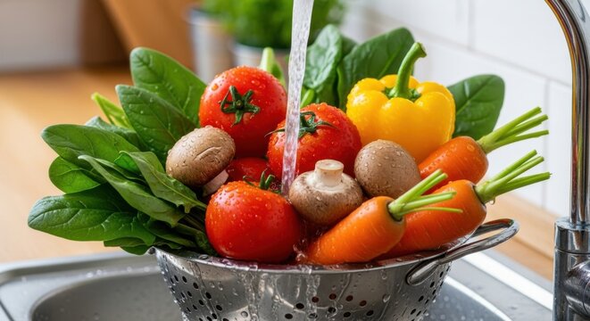 Fresh Vegetables and Fruits Being Washed Under Running Water in a Kitchen Sink