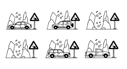 Six illustrations of cars near falling rocks and rockfall warning signs sedan