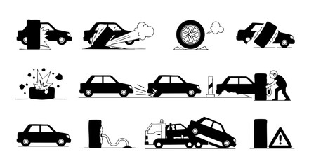 Collection of car accident and repair icons in black and white car crash car repair