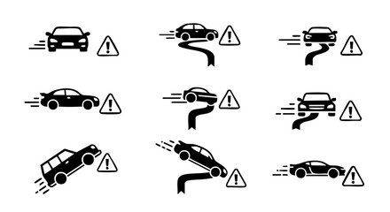 Set of black car icons showing loss of control and warning signs on white background driving danger