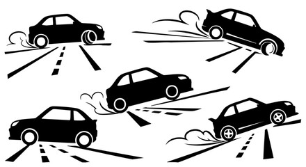 Five black car silhouettes drifting on abstract roads with tire smoke vector