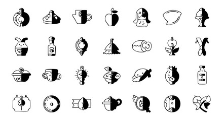 Collection of black and white doodle icons with split color design half black half white