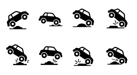 Black car icons showing different bumpy road and jump situations white