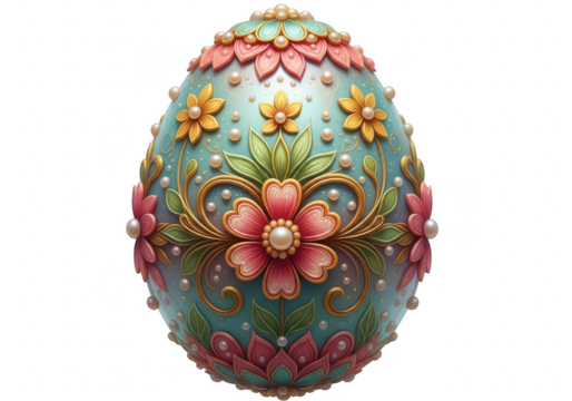 Ornate, intricately decorated easter egg with floral design, pearls, and gold trim isolated on transparent background