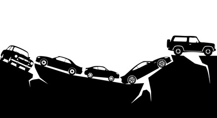 Black car silhouettes on a cracked cliff edge with a white background vector