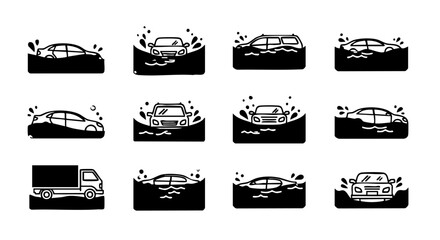 Collection of black and white icons depicting cars and a truck submerged in water with splashes flood