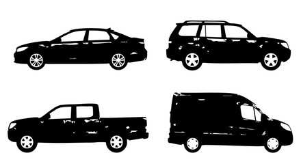 Black silhouette car van and pickup truck side view sedan station wagon