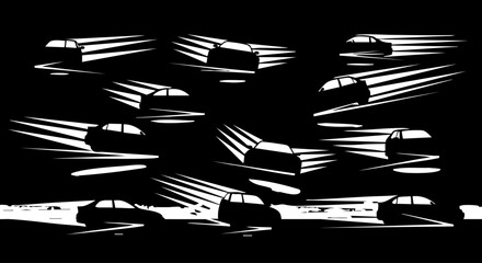 Black and white graphic illustration of multiple cars in motion with speed lines automobile vehicle