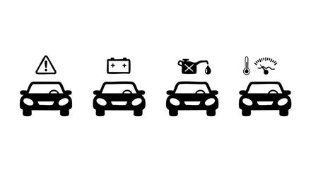 Four black car icons with warning symbols for battery oil and temperature vector