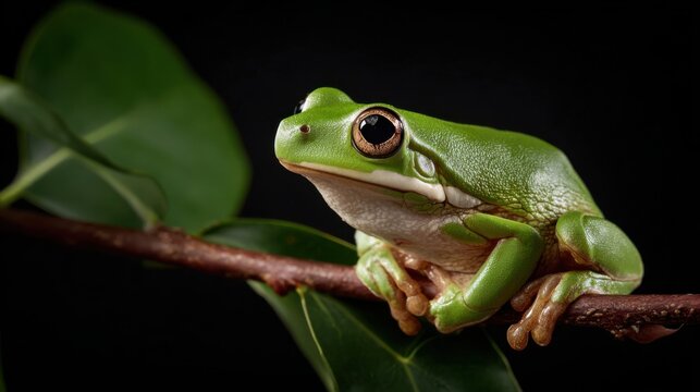 Green Tree Frog Sitting on Branch Against Dark Background