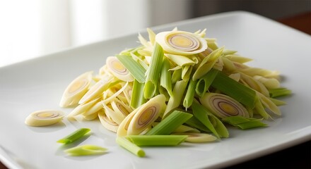 Freshly Sliced Lemongrass on White Plate for Asian Cuisine Preparation