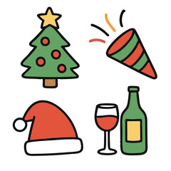 Christmas tree, party popper, Santa hat, wine bottle, and glass illustration for festive