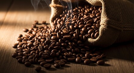 Aromatic Roasted Coffee Beans Spilling from Burlap Sack on Wooden Surface